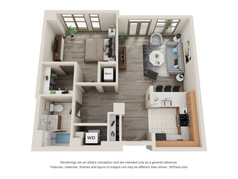 Floor plan for 1 bed, 1 bath, 931 sqft